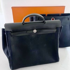 Authentic Hermes Herbag Bag Handbag Tote Canvas Leather Black 35cm